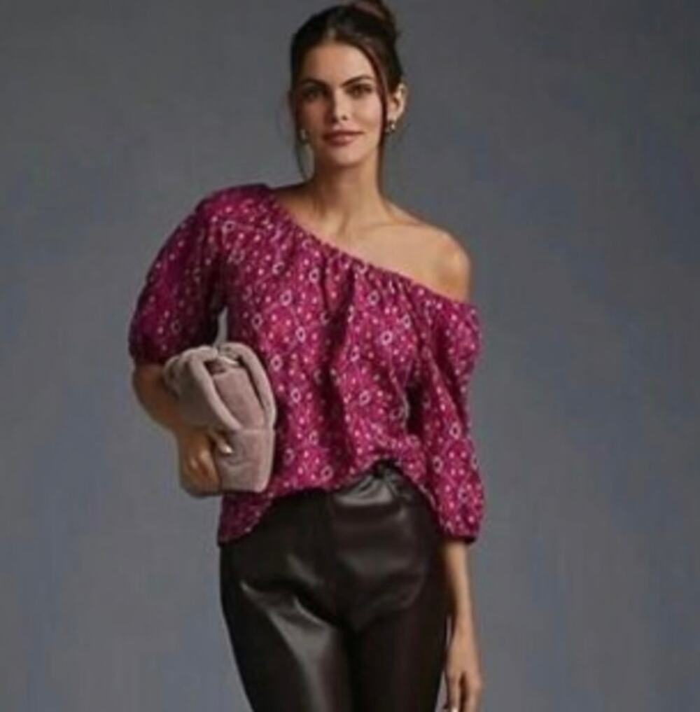 Anthropologie Pink Boho Medallion Peasant Blouse Puff Sleeve Off Shoulder Size S